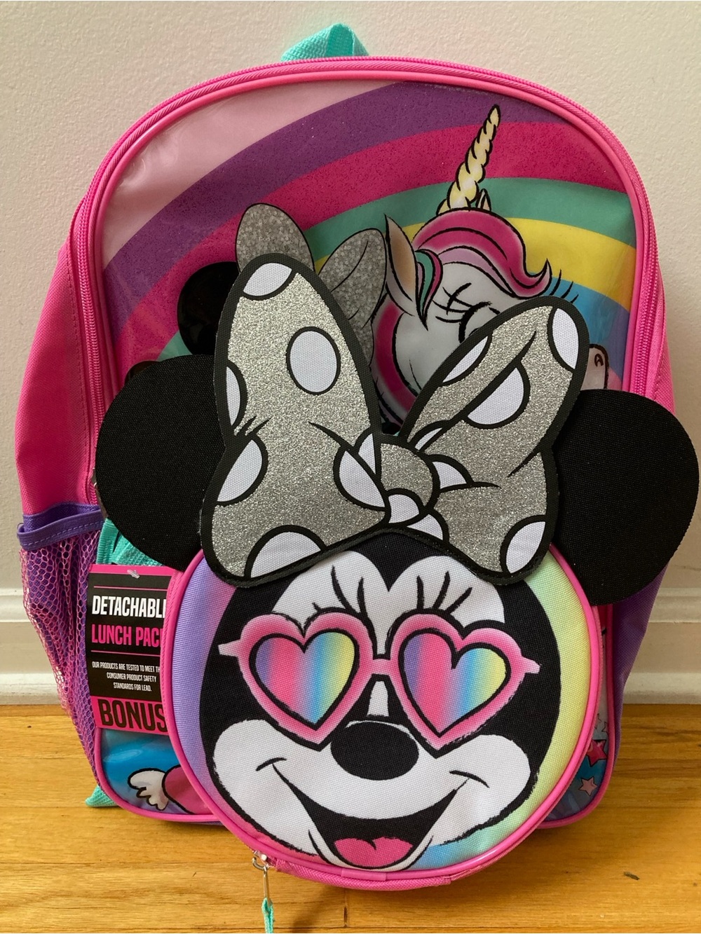 Disney Pink Rainbow Unicorn & Minnie Mouse Backpack with Detachable Lunch Pack